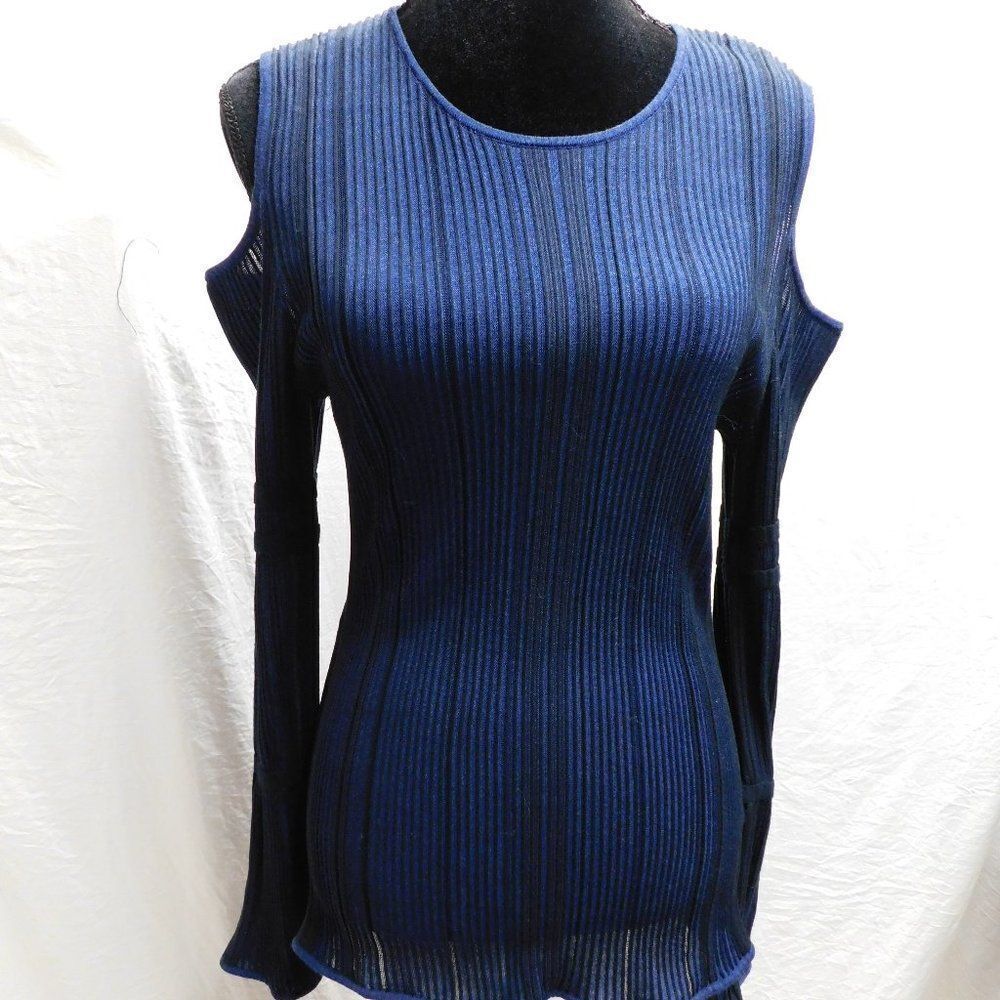 Club Monaco M Blue & Black Ribbed Striped Cold Shoulder Blouse NEW - Picture 2 of 6